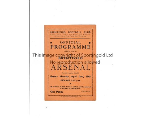 ARSENAL Programme for the away FL South match v Brentford 2/4/1945, very slightly creased. Generally good