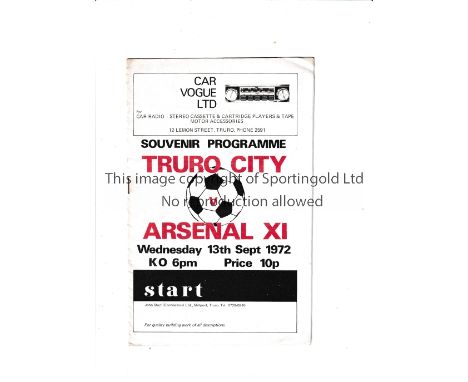 ARSENAL Programme for the away Friendly v Truro City 13/9/1972. Very good