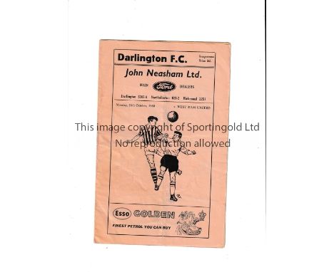 DARLINGTON V WEST HAM UNITED 1960 LEAGUE CUP Programme for the tie at Darlington 24/10/1960 in the first season of the compet