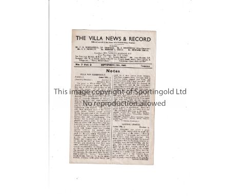 ARSENAL Programme for the away FL South match v Aston Villa 29/9/1945, slightly creased and team changes. Generally good