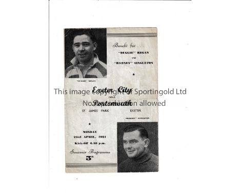 EXETER CITY V PORTSMOUTH 1951 Programme for the Benefit match at Exeter 23/4/1951, horizontal fold. Fair to generally good