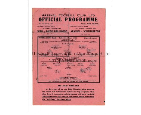 ARSENAL Single sheet programme for the home FL South match v Brentford 23/12/1944, folded and slightly worn. Fair