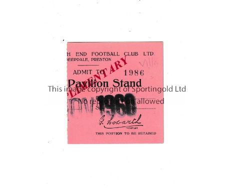 ASTON VILLA 1960/1 LEAGUE CUP Ticket for the away tie v Preston North End 15/11/1960. Complimentary ticket. Villa won the Cup