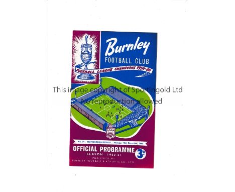 BURNLEY V NOTTINGHAM FOREST 1960 POSTPONED Programme for the scheduled League Cup tie at Burnley on 19/12/1960. Good