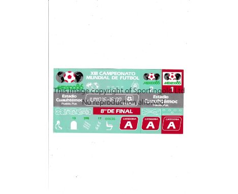1986 WORLD CUP Unused ticket for Argentina v Uruguay Round of 16 match 16/6/1986 at the Cuauhtemoc Stadium. Staple holes on t