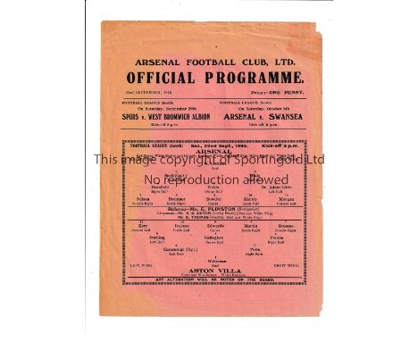 ARSENAL Single sheet programme for the home FL South match v Aston Villa 22/9/1945, very slightly worn. Generally good