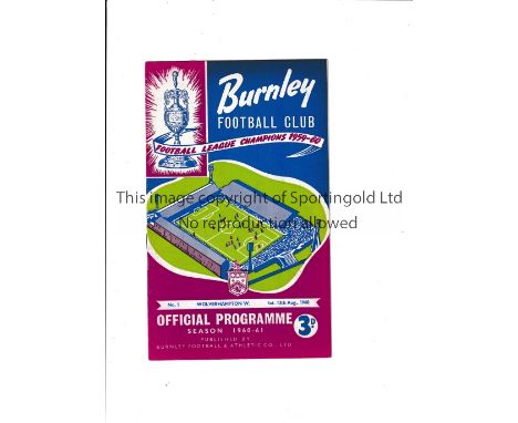 1960 CHARITY SHIELD Programme for Burnley at home v Wolves. Good