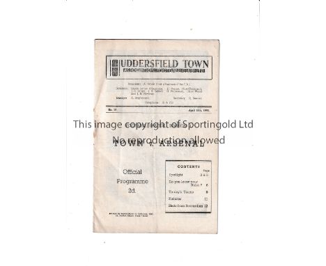 ARSENAL / CHAMPIONSHIP WINNING MATCH 1947-8 Programme for the away League match v Huddersfield Town 10/4/1948, very slightly 