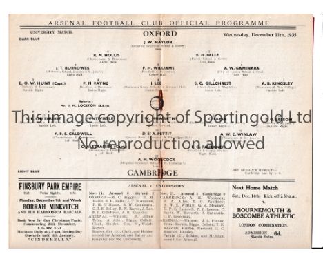 NEUTRAL AT ARSENAL Programme for the Varsity Football Match, Oxford v Cambridge 11/12/1935. Generally good