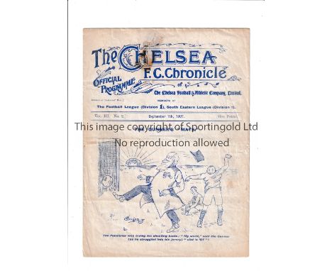 CHELSEA Gatefold programme for the home League match in their 3rd season v Sheffield United 7/9/1907, slightly creased, small