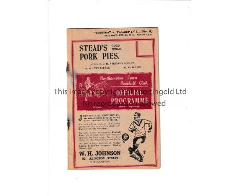 NORTHAMPTON TOWN V TORQUAY UNITED 1930 Programme for the League match at Northampton on 4/10/30. Rusty staples and marks at t