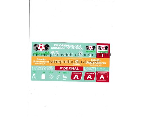 1986 WORLD CUP Unused ticket for West Germany v Mexico, Quarter-Final 21/6/1986 at the University Stadium. Staple holes on th