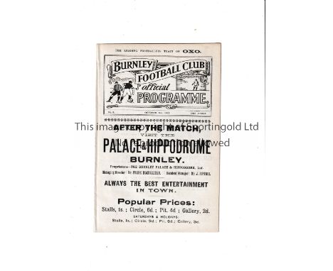 BURNLEY V BRISTOL CITY 1912 First season of issue for home Burnley programmes for the League match 5/10/1912, ex-binder. Gene