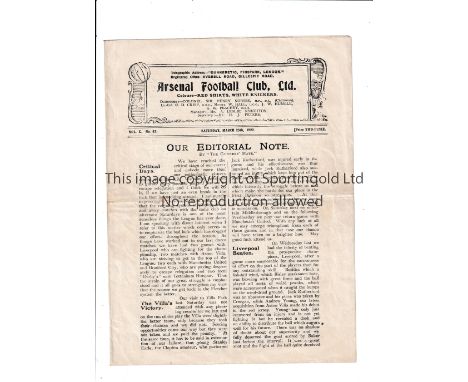 ARSENAL Programme for the home League match v Aston Villa 25/3/1922, slight horizontal crease. Generally good