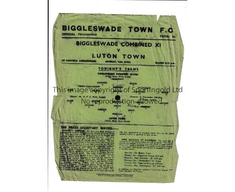BIGGLESWADE V LUTON TOWN 1954 Single sheet programme for the Friendly at Biggleswade on 12/4/54. Creasing at the edges, sligh