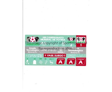 1986 WORLD CUP Unused ticket for England v Portugal 3/6/1986 at the Technological Stadium. Staple holes on the left. Generall