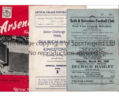 DULWICH HAMLET Three away programmes in 1949/50 season v Erith &amp; Belvedere London Cup, Hounslow Town London Cup Final at 