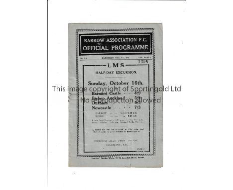 BARROW V NEW BRIGHTON 1938 Programme for the Third Division North match at Barrow 8/10/1938, slightly creased and very slight