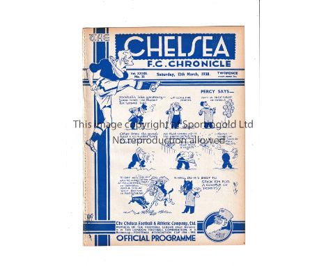 CHELSEA Programme for the home League match v Bolton Wanderers 12/3/1938, ex-binder. Generally good