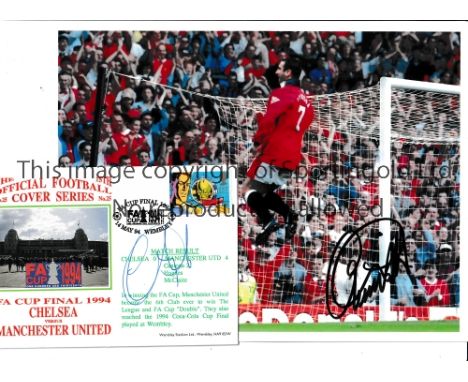 ERIC CANTONA / AUTOGRAPHS A signed 10.5" X 8" colour photo of Cantona celebrating a goal and a signed First Day Cover for the