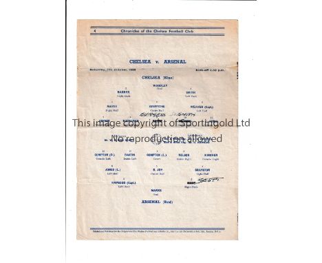 CHELSEA V ARSENAL&nbsp; &nbsp; &nbsp;Programme for the Friendly at Chelsea 7/10/1939, prior to the start of the League Compet