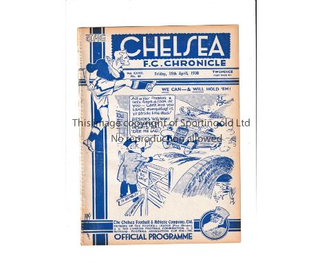 CHELSEA Programme for the home League match v Preston North End 15/4/1938, ex-binder. Generally good