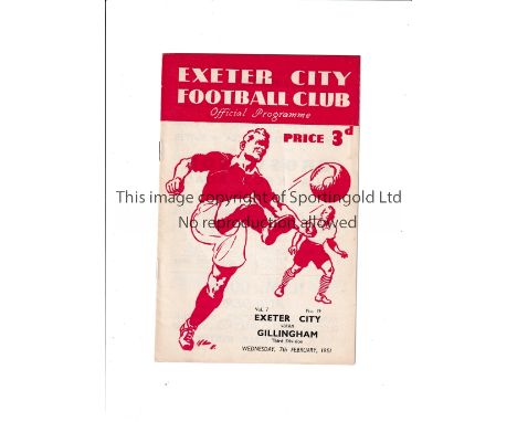 GILLINGHAM 1950/1 Programme for the away League match v Exeter City 7/2/1951 in their return season to the Football League. G