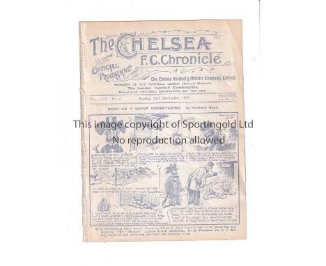 CHELSEA Programme for the home League match at v Bury 23/9/1929, ex-binder. Generally good