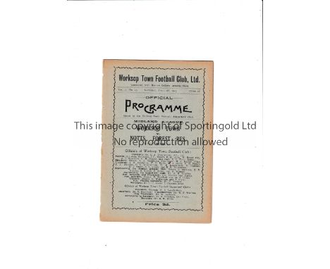 WORKSOP TOWN V NOTTINGHAM FOREST 1923 Programme for the Midland League match at Worksop on 7/4/23, staples removed. Generally