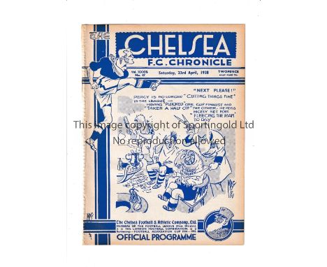 CHELSEA Programme for the home League match v Derby County 23/4/1938, ex-binder. Generally good