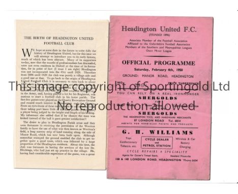 HEADINGTON UNITED V COLCHESTER UNITED Programme for the Southern League match at Headington 4/2/1950, in Colchester's last se