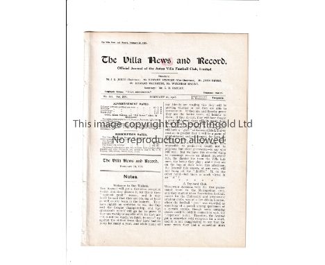 ARSENAL Programme for the away FA Cup tie v Aston Villa 20/2/1926, ex-binder and lacking covers. Fair