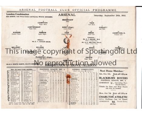 ARSENAL Programme for the home London Combination match v Brighton 28/9/1935, horizontal fold and staples rusted away. Genera