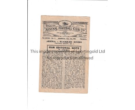 ARSENAL / FIRST HOME MATCH AFTER WWII Programme for the League match v Blackburn Rovers 4/9/1946, very slightly worn, folded 