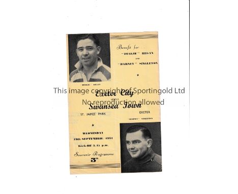 EXETER CITY V SWANSEA TOWN 1951 Programme for the Friendly at Exeter 19/9/1951, very slightly creased and team changes. Gener