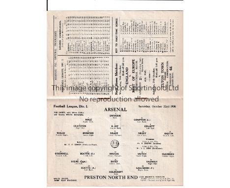 ARSENAL Programme for the home League match v Preston 22/10/1938, very slight horizontal crease. Generally good
