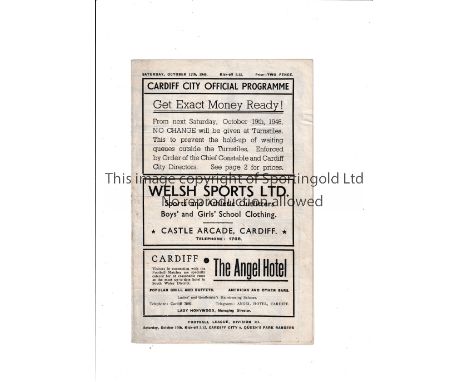 CARDIFF CITY RESERVES V ARSENAL RESERVES 1946 Programme for the Football Combination match at Cardiff on 12/10/46. Slight fol