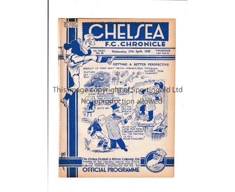 CHELSEA Programme for the home League match v Charlton Athletic 27/4/1938, ex-binder. Generally good