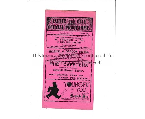 EXETER CITY V BRENTFORD 1931 Gatefold programme for the League match at Exeter on 5/9/31. Good