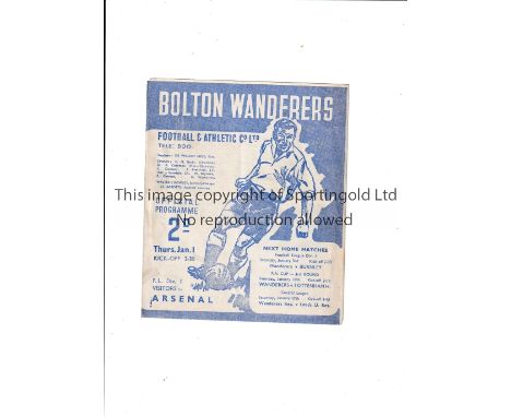 ARSENAL Programme for the away League match v Bolton Wanderers 1/1/1948 in their Championship season. Slight horizontal creas