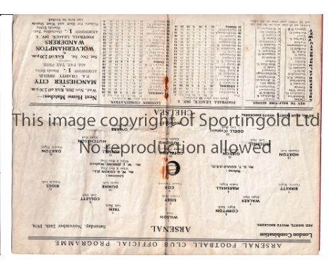 ARSENAL RESERVES V CHELSEA RESERVES 1934 Programme for the Football Combination match at Highbury on 24/11/34. Creased, sligh
