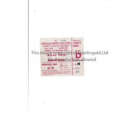 ASTON VILLA V IPSWICH TOWN 1961 LEAGUE CUP Ticket for the tie at Villa 21/11/1961. Ipswich Town won the League Championship i