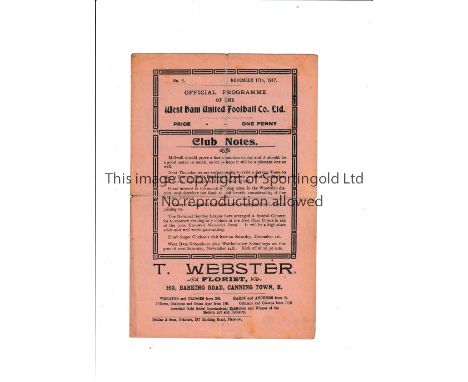 WEST HAM UNITED V MILLWALL 1917 Programme for the First team London Football Combination match at West Ham 17/11/1917 during 