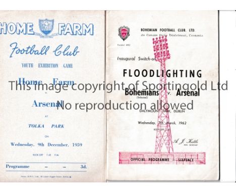 ARSENAL Two programmes for away Friendlies v Home Farm 9/12/1959 and Bohemians 7/3/1962. Good