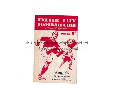 COLCHESTER UNITED 1950/1 Programme for the away League match v Exeter City 24/2/1951 in their first League season, staples re