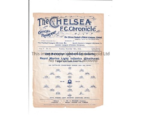 NEUTRAL AT CHELSEA FC Single sheet programme for the Army Cup match 16/11/1909, 2nd Battalion Coldstream Guards v Royal Marin