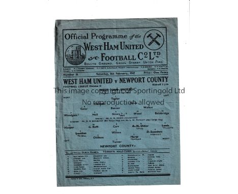 WEST HAM UNITED V NEWPORT COUNTY 1947 Single sheet programme for the League match at West Ham 8/2/1947, very slightly creased
