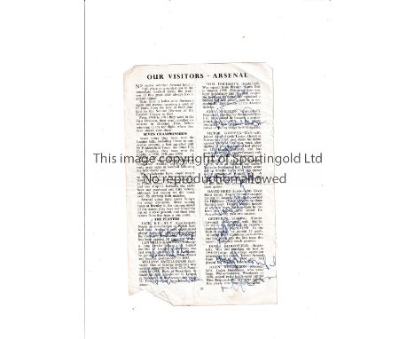 ARSENAL / AUTOGRAPHS 1960 Eleven Arsenal player autographs on the reverse of single team page for the away match at Leicester