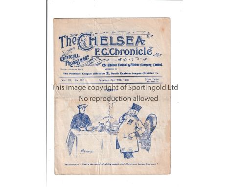 CHELSEA Gatefold programme for the home League match in their 3rd season v Aston Villa 25/4/1908, slightly creased and marked