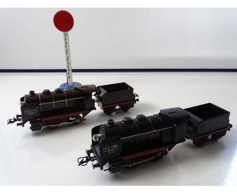 A pair of HORNBY FRANCE O gauge 3-rail steam locomotives in black and brown liveries (one a/f), together with a signal - F/G,